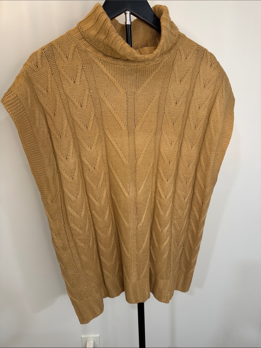 Turtleneck Cable Knit Poncho Sweater - Mustard